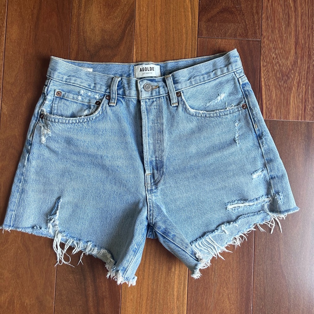 Agolde “Parker Long” High-Waisted Distressed Denim Shorts Like New
